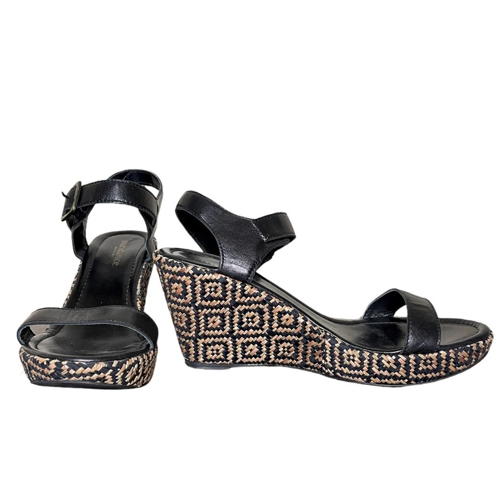 SUNDANCE Leather Black‎ & Cream Geometric Pattern Wedge Platform Heel Size 10